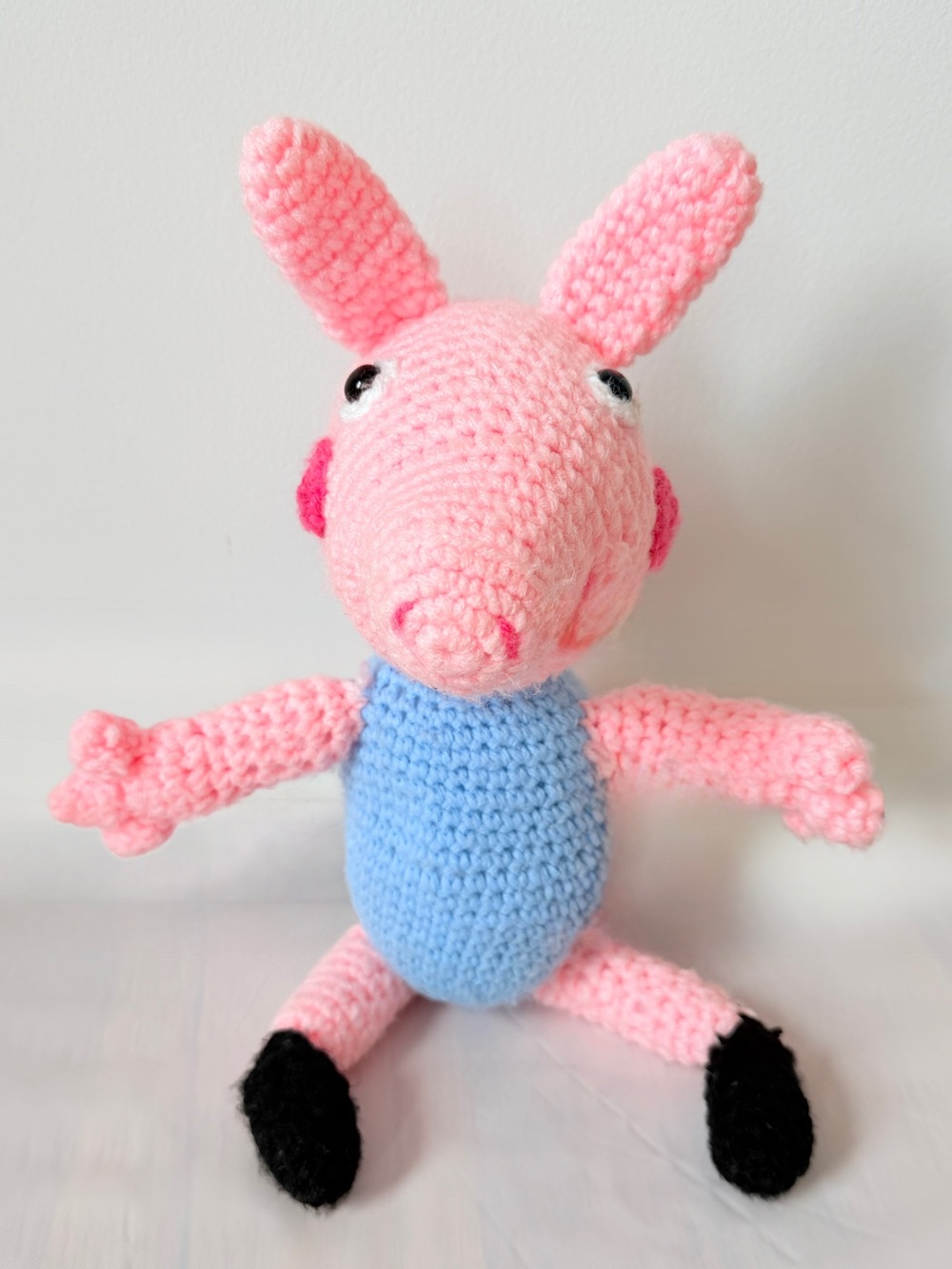 Crochet George Pig Handmade Plush Pink Piglet blue jumper 14"